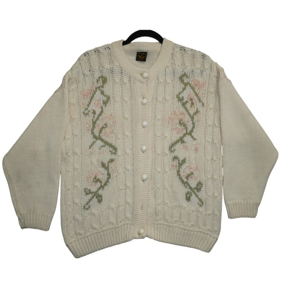 Vtg 80 Sweater Magda Cream Knit Cardigan Floral Embroidery & Faux Pearl Beading - Picture 2 of 5